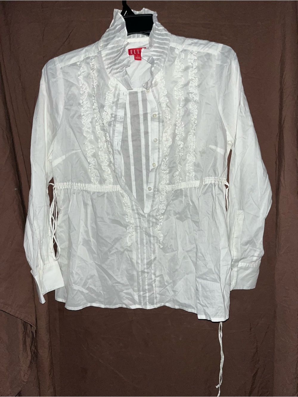 ELLE White Ruffled Pintuck Long-Sleeve Blouse